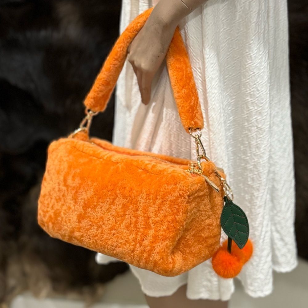 Orange Real Shearling Double Zip Pillow Bag, Lamb Fur Shoulder Bag, Crossbody